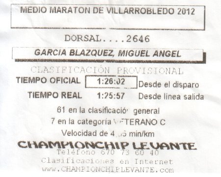 Ticket con los tiempos de Villarrobledo 2012